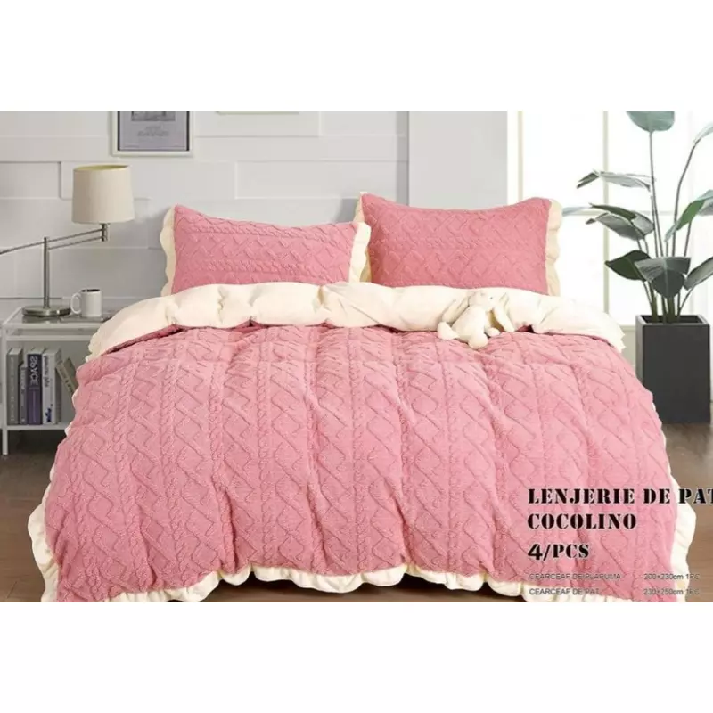 Lenjerie Cocolino Cu Blanita Pentru Pat Dublu, 4 piese, Roz - LJ1001