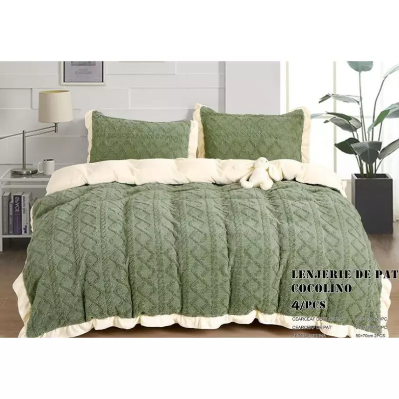 Lenjerie Cocolino Cu Blanita Pentru Pat Dublu, 4 piese, Verde- LJ1002
