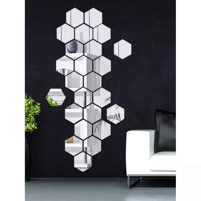 Set 24 oglinzi deorative audoadezive, forma hexagon, 27x50 cm