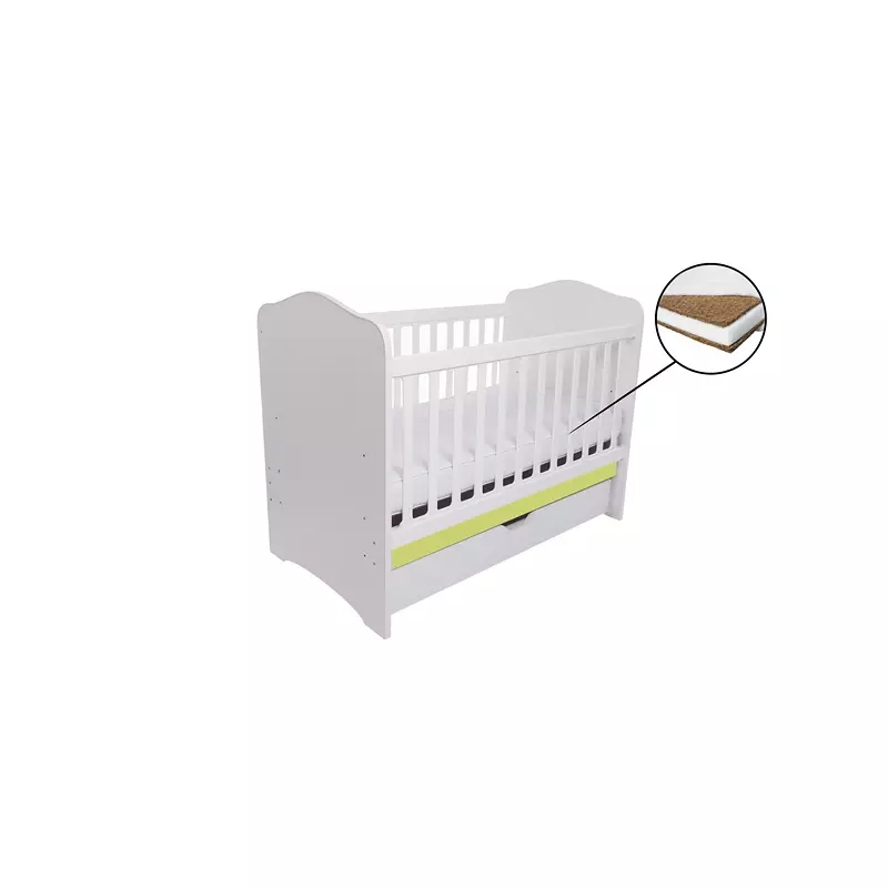 Patut Eurogloria Como cu sertar - Alb cu Verde + Saltea Cocos 10 cm
