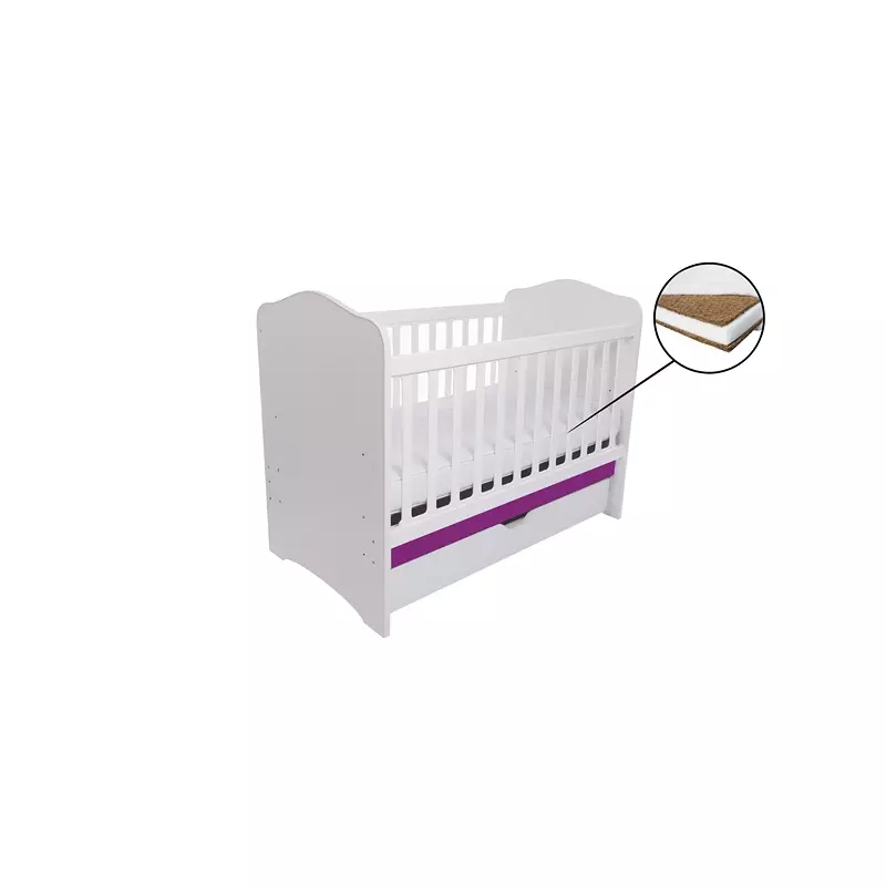 Patut Eurogloria Como cu sertar - Alb cu Violet + Saltea Cocos 10 cm