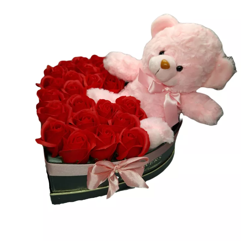 Aranjament floral trandafiri sapun - cutie inimioara rosu cu ursulet roz 21 trandafiri - vltn123