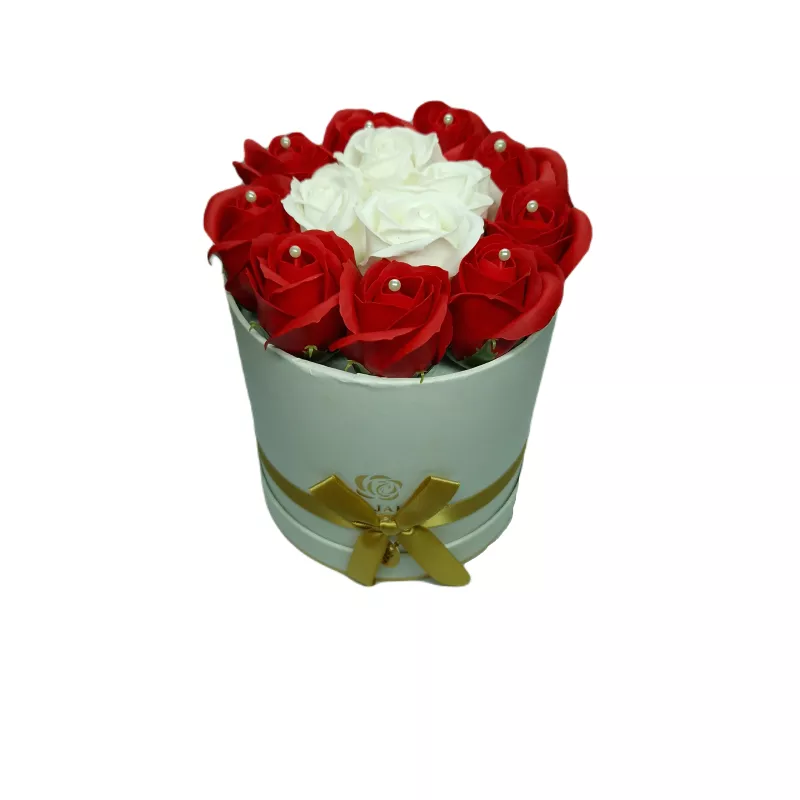 Aranjament floral trandafiri sapun - cutie rotund rosu cu alb 13 trandafiri - vltn125