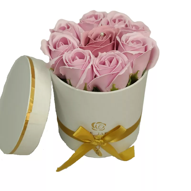 Aranjament floral trandafiri sapun - cutie rotund roz 9 trandafiri - vltn124