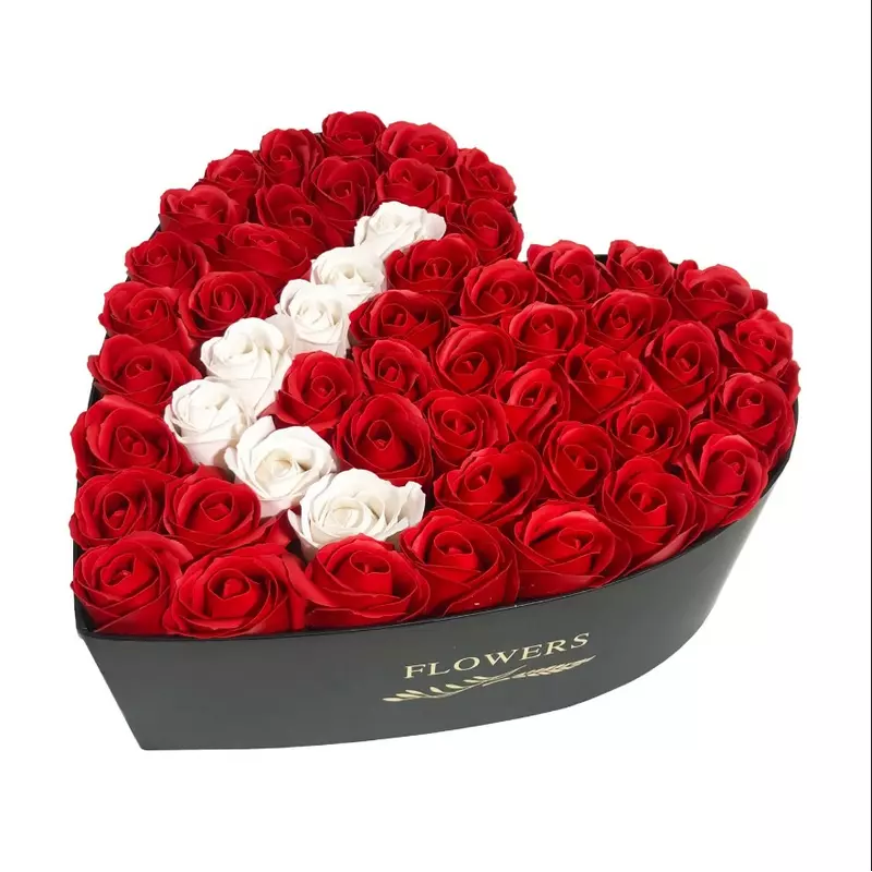 Aranjament Floral Trandafiri Sapun - Cutie Inima Litera(orice litera) 49 Trandafiri Rosu cu Alb - VLTN106