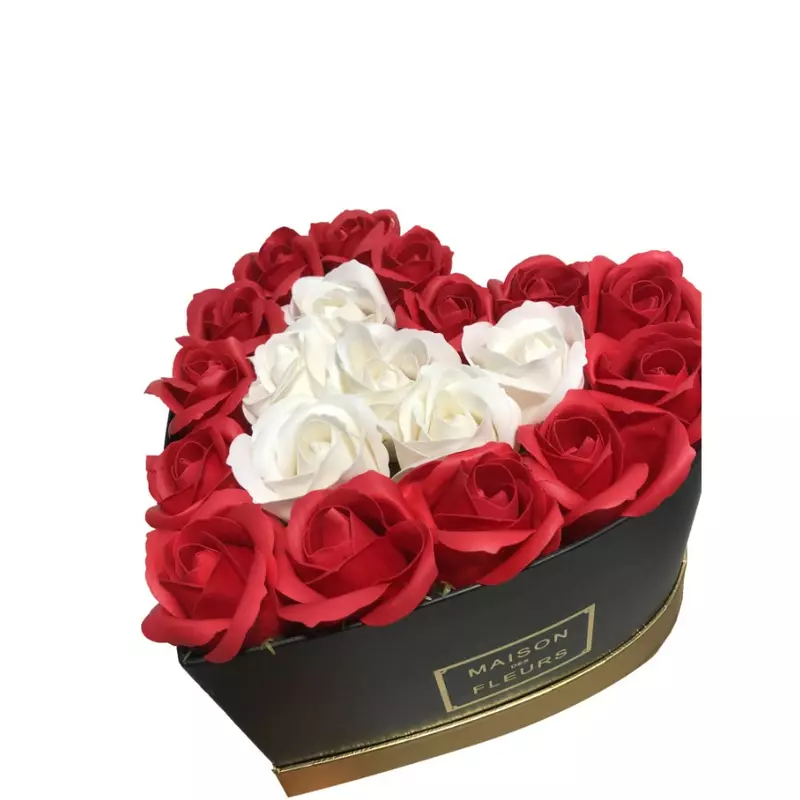 Aranjament Floral Trandafiri Sapun - Cutie Inima 21 Trandafiri Alb cu Rosu  - VLTN108