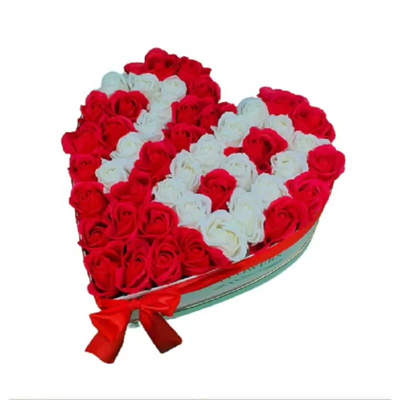 Aranjament Floral Trandafiri Sapun - Cutie Inima Cifra (orice cifra) 49 Trandafiri Rosu cu Alb - VLTN109