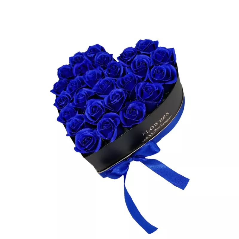 Aranjament floral trandafiri sapun - cutie inima 28 trandafiri albastru - vltn117