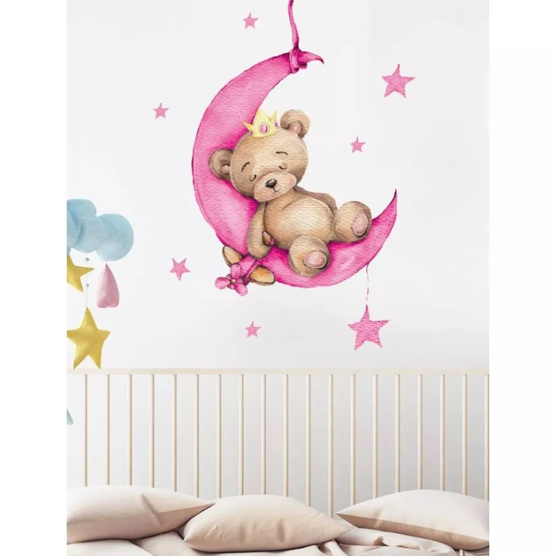 Sticker perete autocolant ursulet pe luna roz - 56 x 76 cm