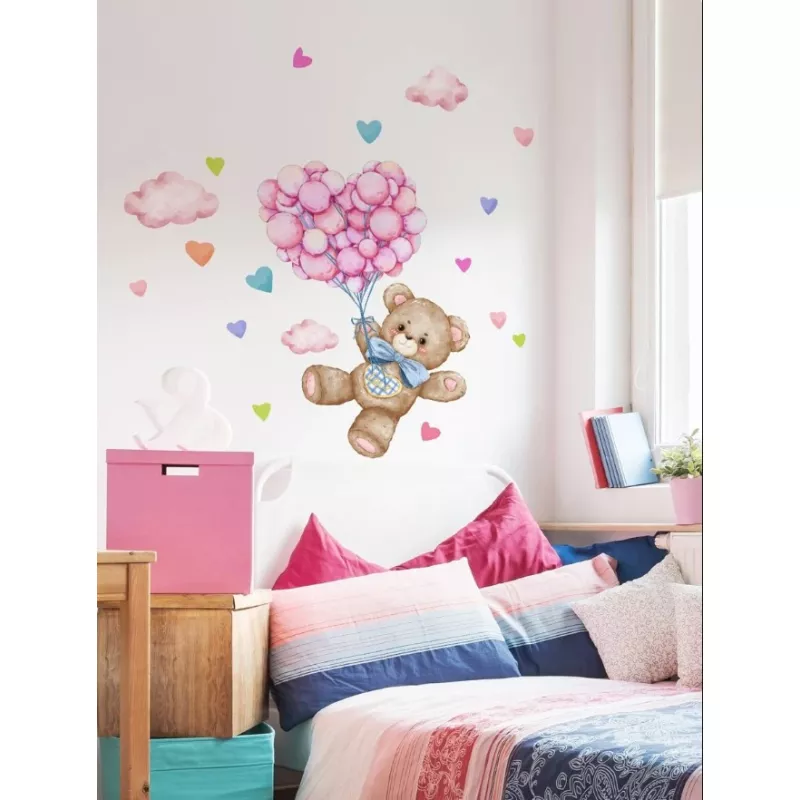 Sticker perete autocolant ursulet si baloane roz - 50 x 62 cm
