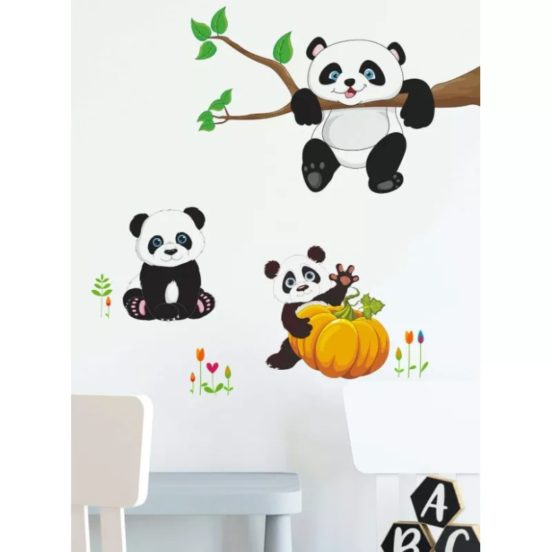 Sticker perete autocolant ursuleti panda si dovleac 60x40cm