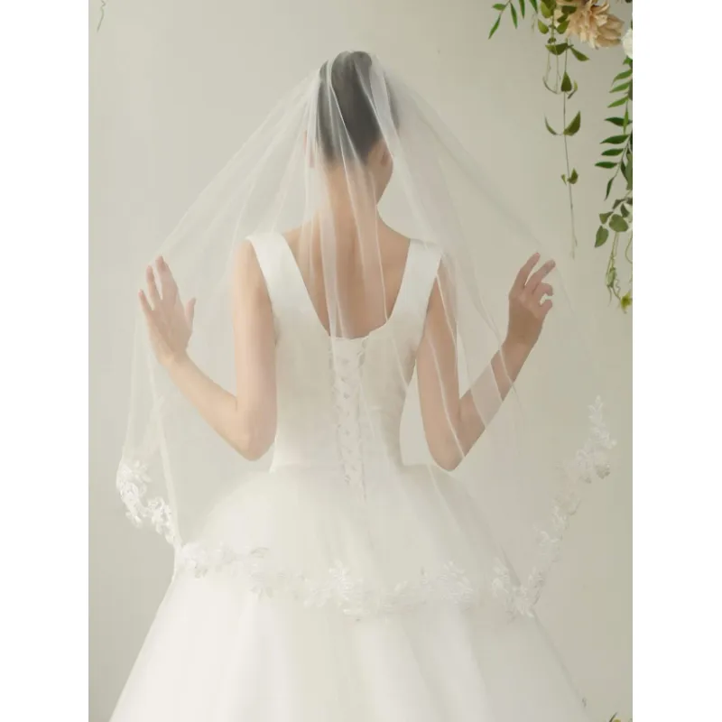 Voal de mireasă cu broderie de flori, Bej - 95980