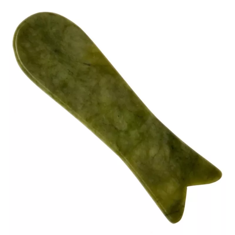 Aparat masaj facial - piatra gua sha din jad verde - forma de peste 11 cm