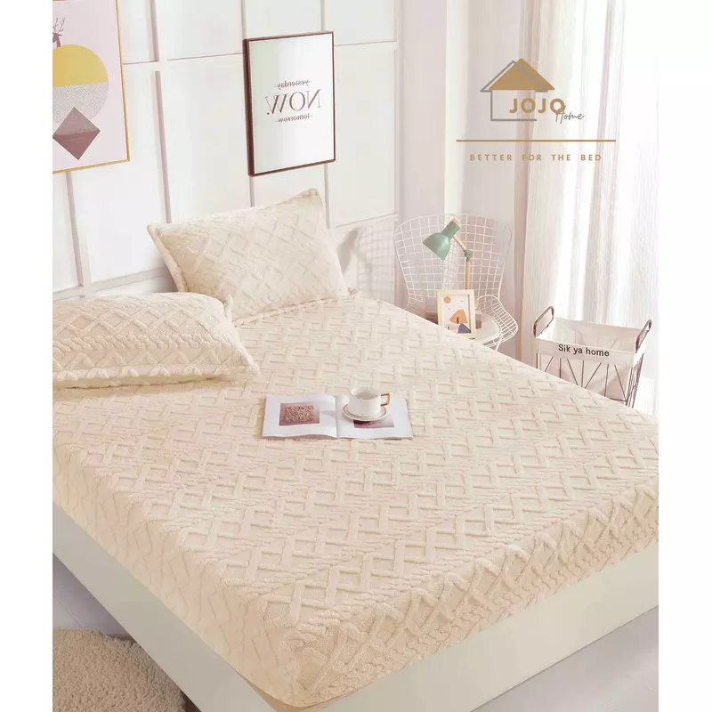 Husa De Pat Tricot Cu Elastic + 2 Fete De Perna Pentru Pat Dublu, Cream - JO961