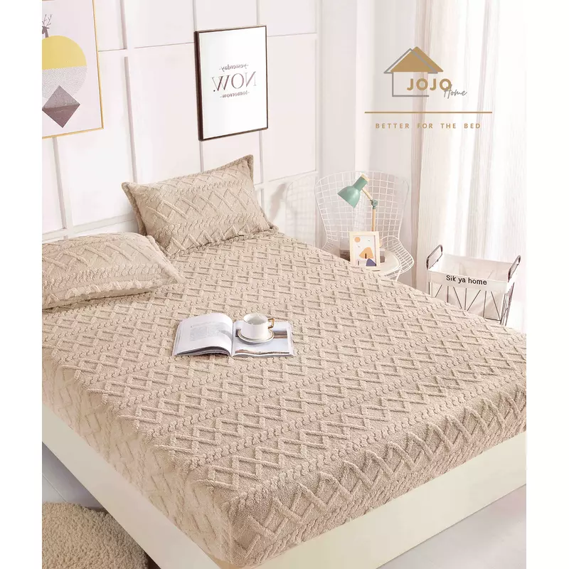 Husa De Pat Tricot Cu Elastic + 2 Fete De Perna Pentru Pat Dublu, Bej - JO962