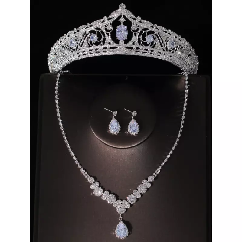 Set diadema (coronita) mireasa model cu pietre si strasuri, colier si cercei - argintii - circumferinta 32 cm