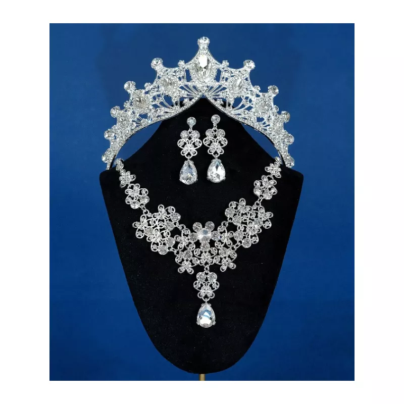 Set diadema (coronita) mireasa, model regal cu pietre si strasuri, colier si cercei - argintiu