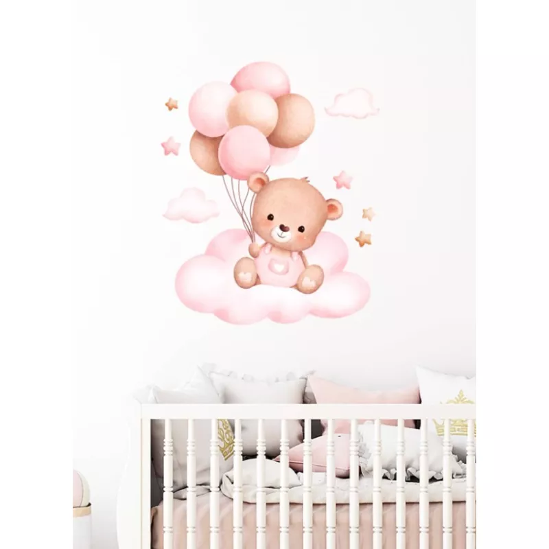 Sticker perete autocolant ursulet cu baloane roz