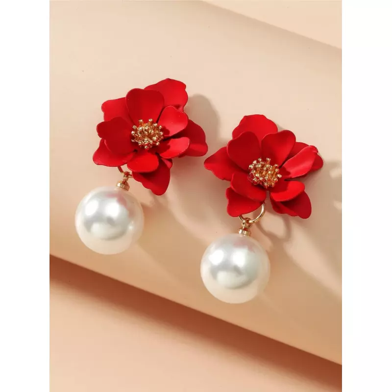 Cercei Flori Rosii si Perle - 62334