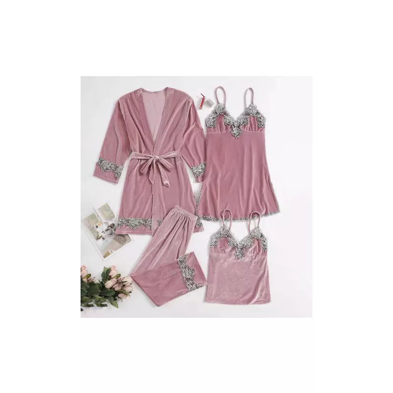 Set pijama de dama 4 piese din catifea roz pudra