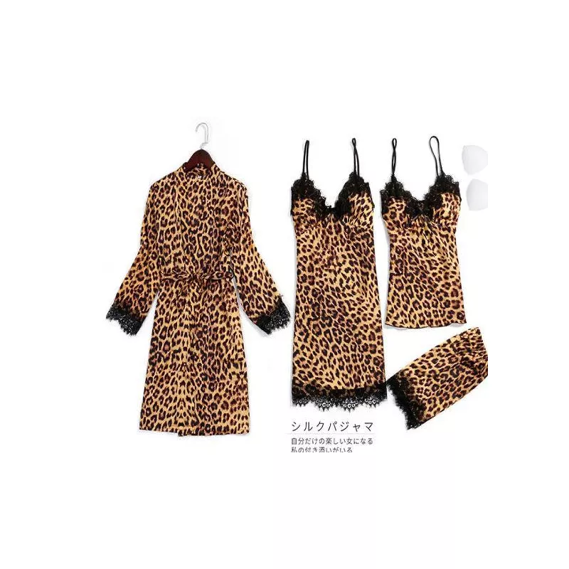 Set pijama de dama 4 piese din satin leopard