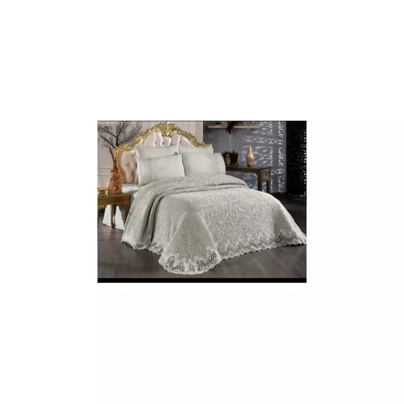 Set cuvertura de lux cu broderie eleganta, 6 piese, pat 2 persoane, gri