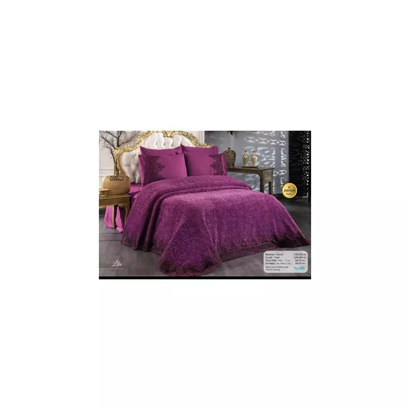 Set cuvertura de lux cu broderie eleganta, 6 piese, pat 2 persoane, mov