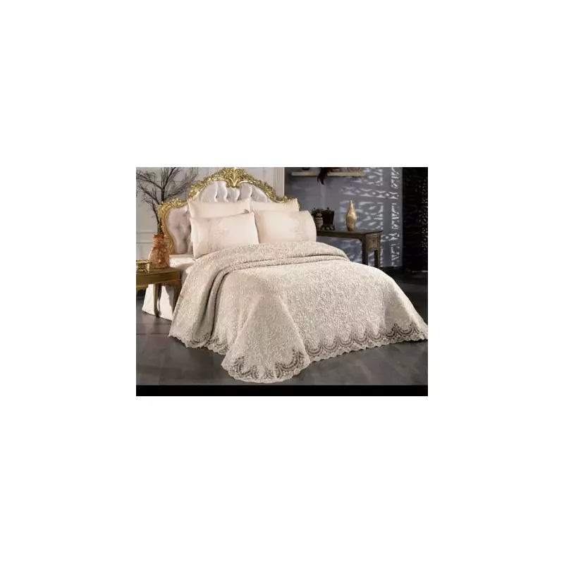 Set cuvertura de lux cu broderie eleganta, 6 piese, pat 2 persoane, cream