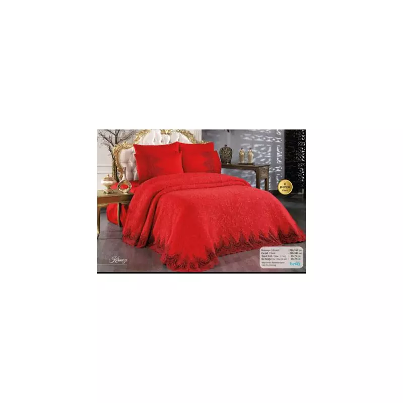 Set cuvertura de lux cu broderie eleganta, 6 piese, pat 2 persoane, rosu