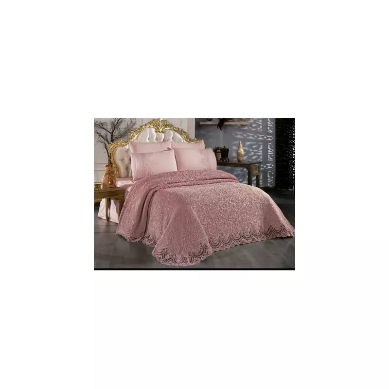 Set cuvertura de lux cu broderie eleganta, 6 piese, pat 2 persoane, roz inchis