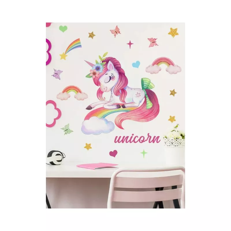 Sticker perete autocolant curcubeu si unicorn 60x30cm- 99498