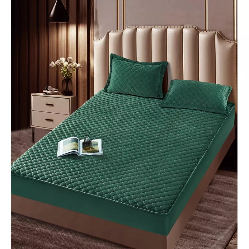 Husa de pat 180x200 + 2 fete de perna catifea,verde smarald-jo278