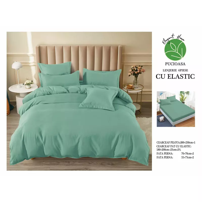 Lenjerie de pat dublu Bumbac Finet 6 Piese cu Elastic, Vernil - SIPRT185