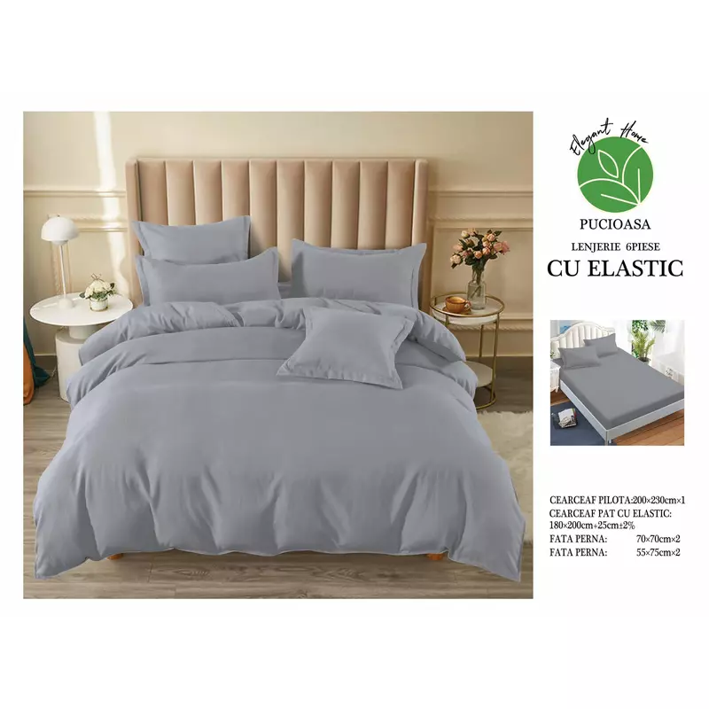 Lenjerie de pat dublu Bumbac Finet 6 Piese cu Elastic, Gri- SIPRT186