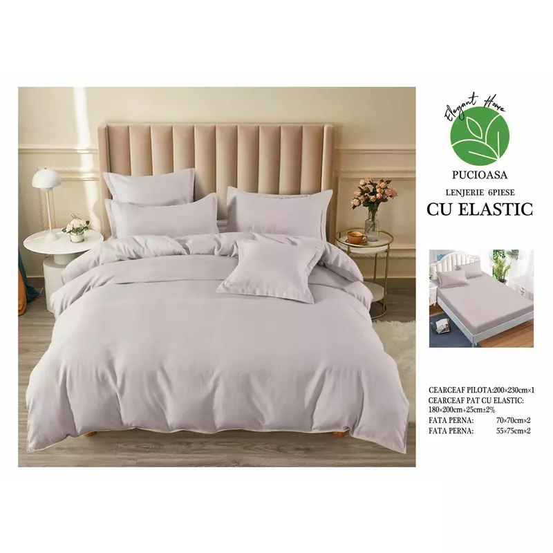 Lenjerie de pat dublu Bumbac Finet 6 Piese cu Elastic, Grej- SIPRT192