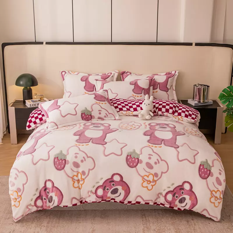 Lenjerie Cocolino 4 Piese Pentru Pat Dublu cu Elastic- JO289 Urs Roz