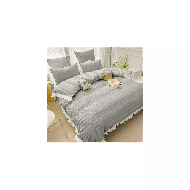 Lenjerie de Pat Dublu, Bumbac Finet-Creponat cu Margine, 6 Piese,Gri- JO316