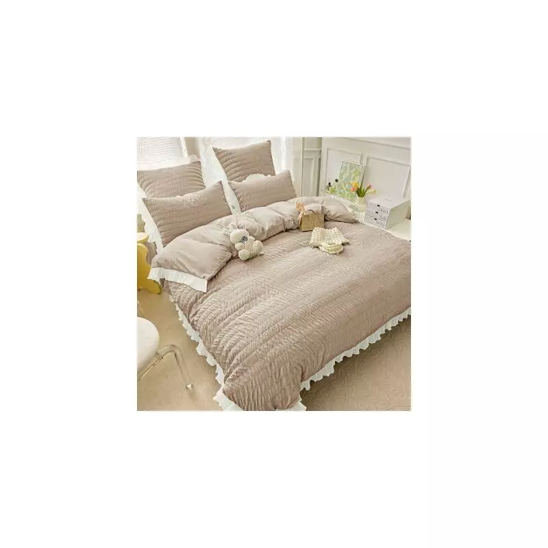 Lenjerie de Pat Dublu, Bumbac Finet-Creponat cu Margine, 6 Piese, Bej - JO314