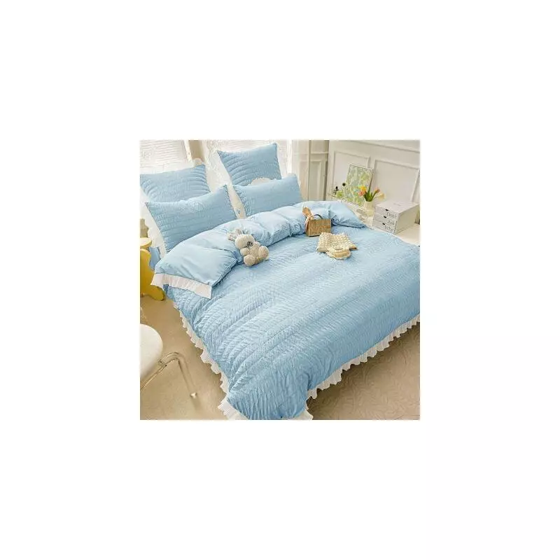 Lenjerie de Pat Dublu, Bumbac Finet-Creponat cu Margine, 6 Piese, Aqua- JO313