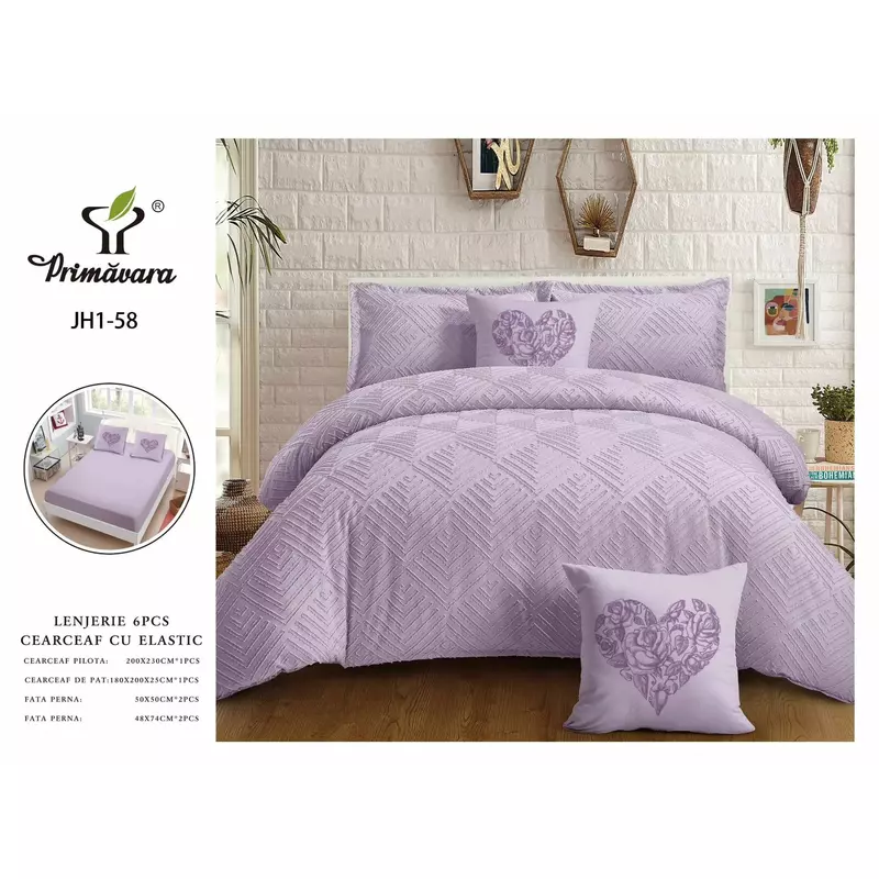 Lenjerie de Pat Dublu, Bumbac Finet-Creponat, 6 Piese,  Lavanda - CPL21