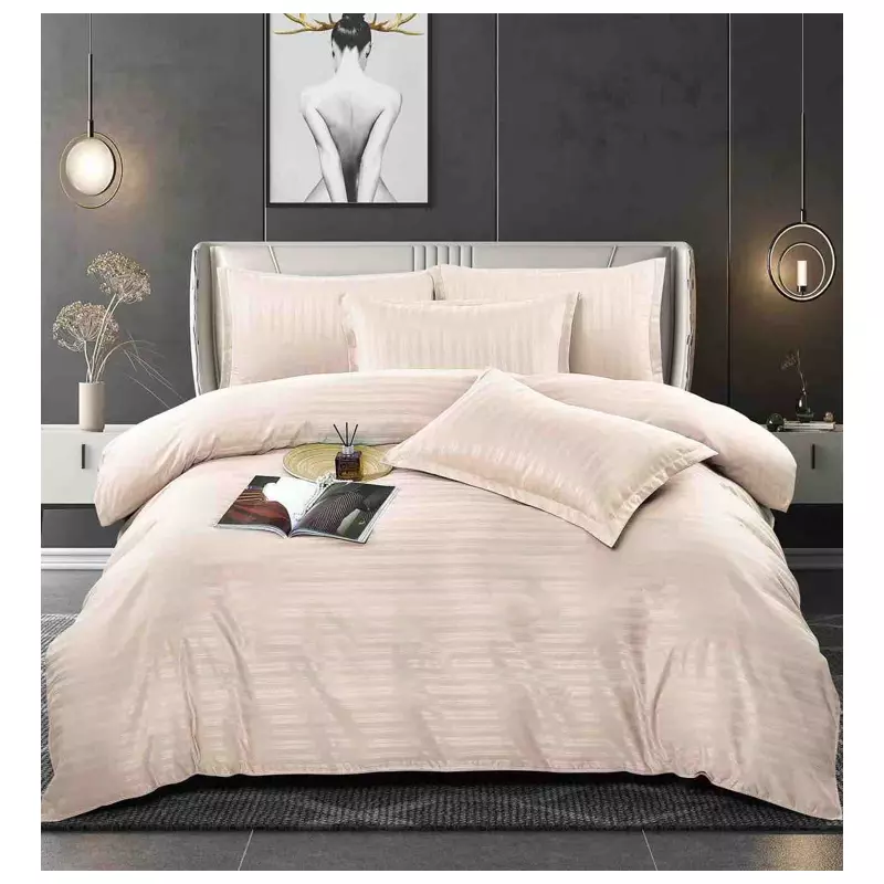 Lenjerie de Pat Damasc 6 Piese, Dungi Duble, Cream - JO331
