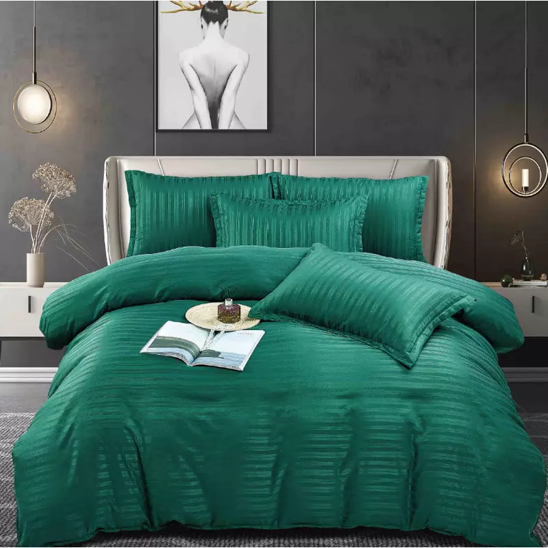 Lenjerie de Pat Damasc 6 Piese, Dungi Duble,Verde Smarald- JO340