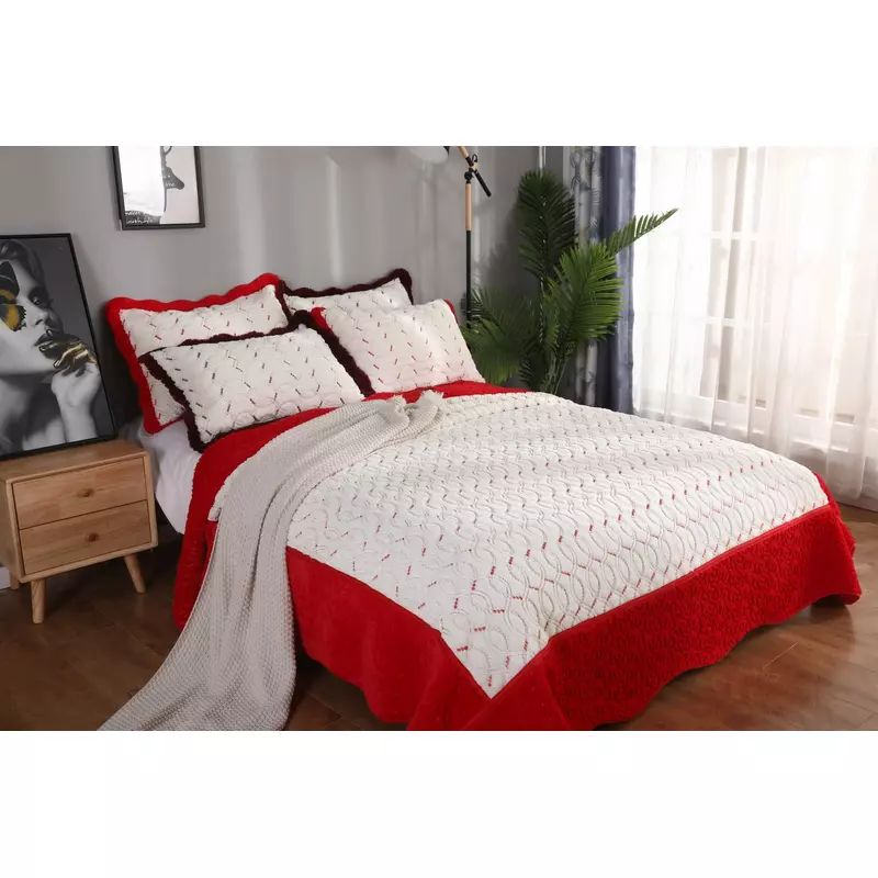 Set Cuvertura Pat Catifea cu Blanita,Rosu-LIM65